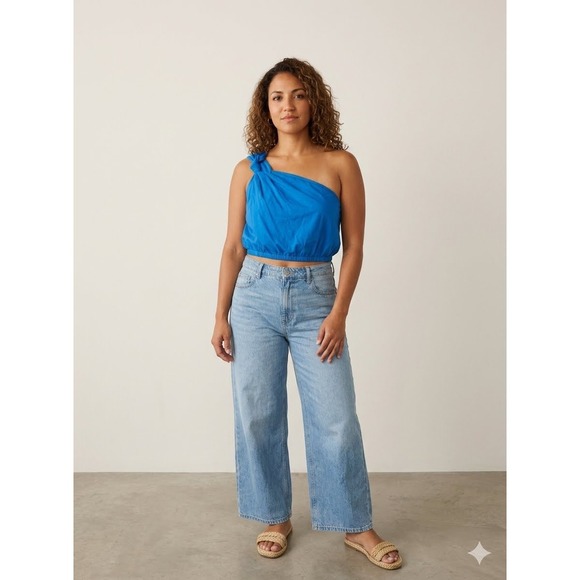 FARM Rio Tops - Farm Rio Blue Knot Crop Top One Shoulder Linen Blend NWT Size M